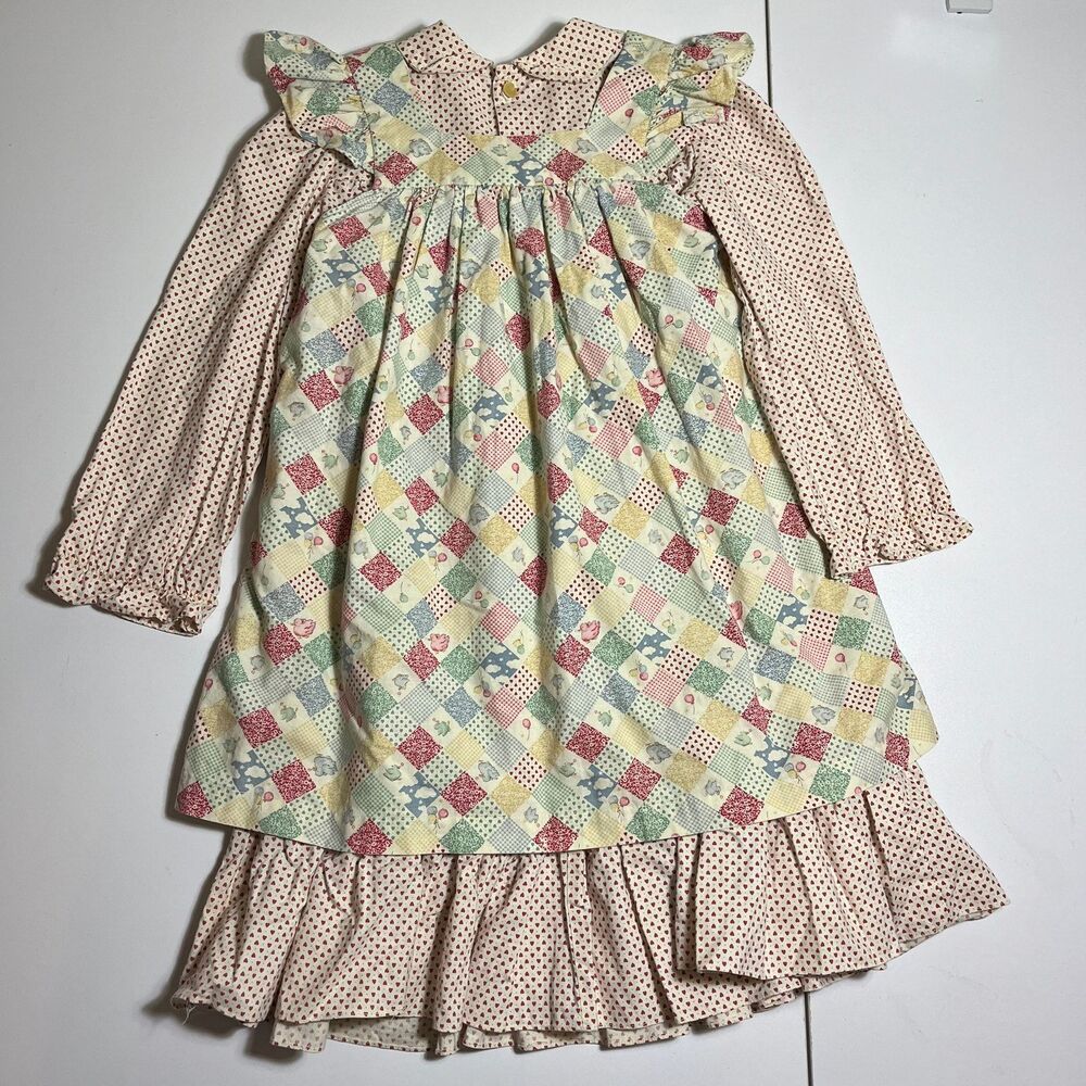 VTG Handmade Girls Patchwork Prairie Farm Apron Dress Set Cottagecore Size 7/8